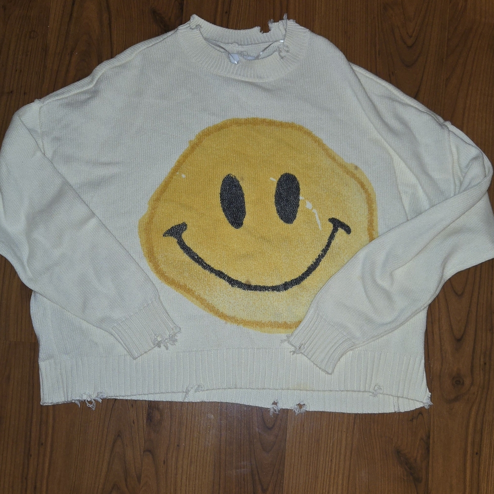 Pistola Preppy Distressed Cream Sweater with Yellow Smiley Face Size S